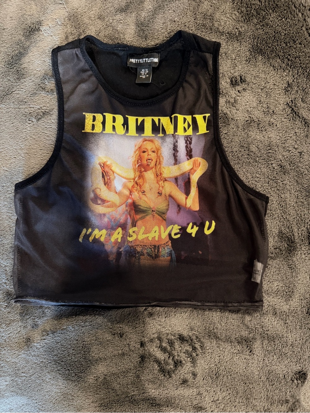 PrettyLittleThing Black Mesh Graphic Crop Tank with Yellow Print